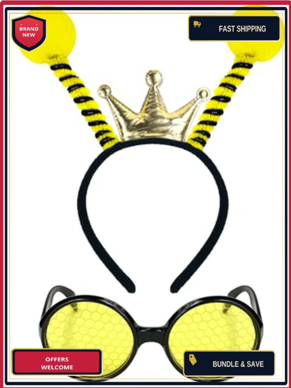 Bee Antenna Headband Crown Sunglasses Costume Accessory Set Adults